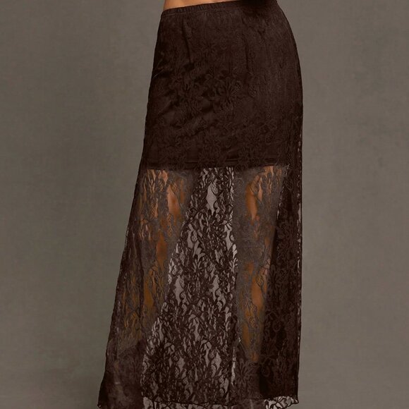 Coffee Brown Elegant Women's Sexy Long Wildflower Lace Skirt - Picture 3 of 6